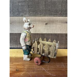 Anthropomorphic Pig Pushing Wheelbarrow Yellow Vest Cottagecore Figurine 7”